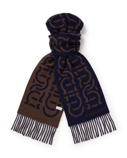 Ferragamo Fringed Jacquard-Knit Wool and Cashmere-Blend Scarf