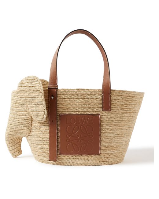 Loewe Elephant Leather-Trimmed Raffia Tote Bag