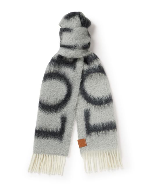Loewe Fringed Leather-Trimmed Jacquard-Knit Scarf
