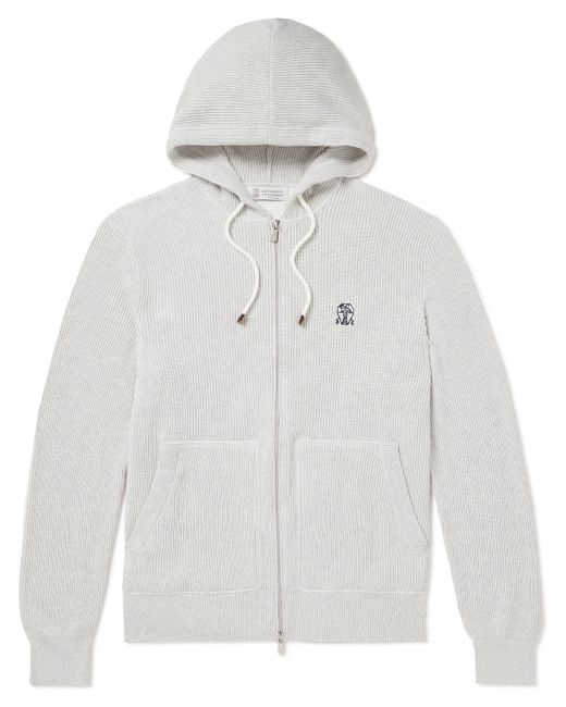 Brunello Cucinelli Logo-Embroidered Ribbed Cotton Zip-Up Hoodie