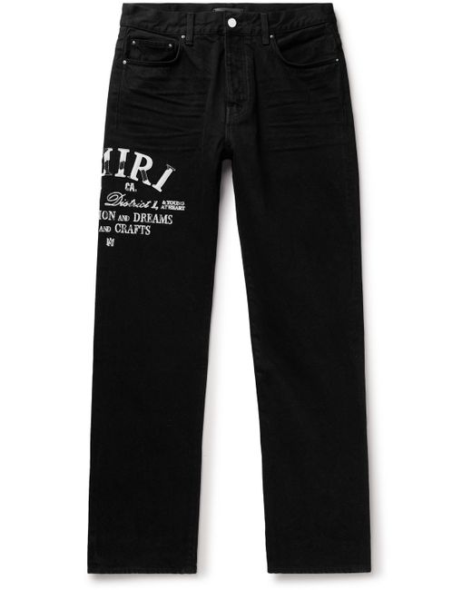 Amiri Straight-Leg Distressed Leather-Trimmed Logo-Embroidered Jeans UK/US 29