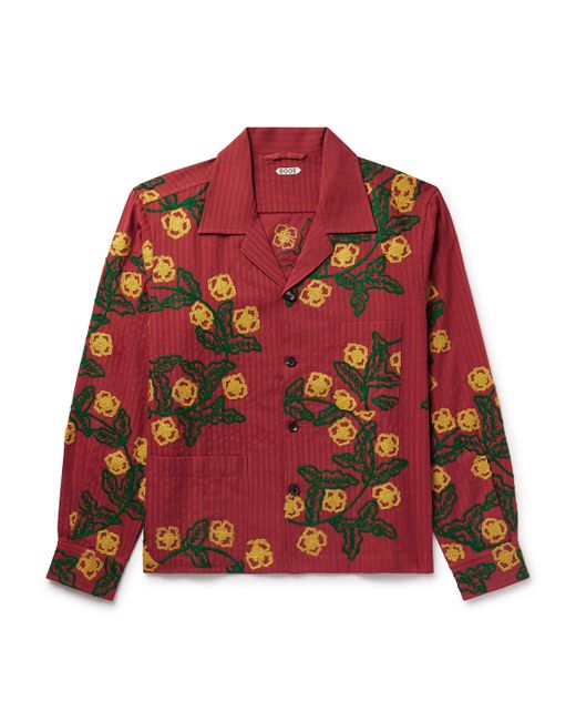 Bode Marigold Wreath Camp-Collar Embroidered Striped Cotton Shirt