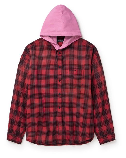 Balenciaga Checked Jersey-Trimmed Cotton-Flannel Hooded Shirt