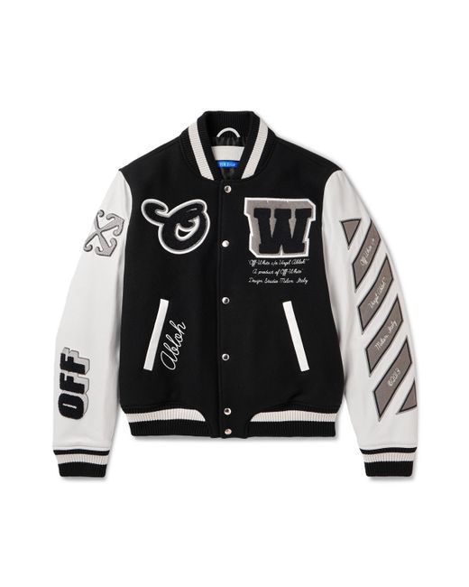 Off-White Lea Appliquéd Embroidered Leather and Wool-Blend Varsity Jacket