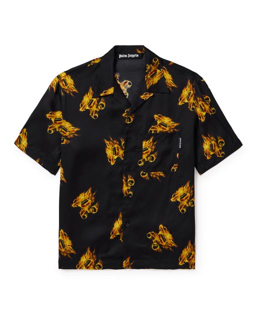 Palm Angels Burning Convertible-Collar Logo-Print Satin Shirt