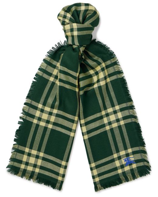 Burberry Fringed Logo-Embroidered Checked Wool-Blend Scarf