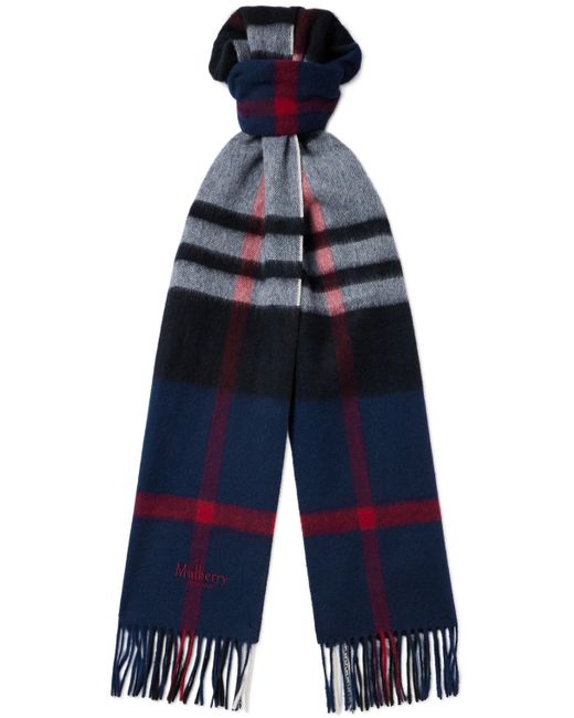 Mulberry Logo-Embroidered Fringed Checked Wool Scarf