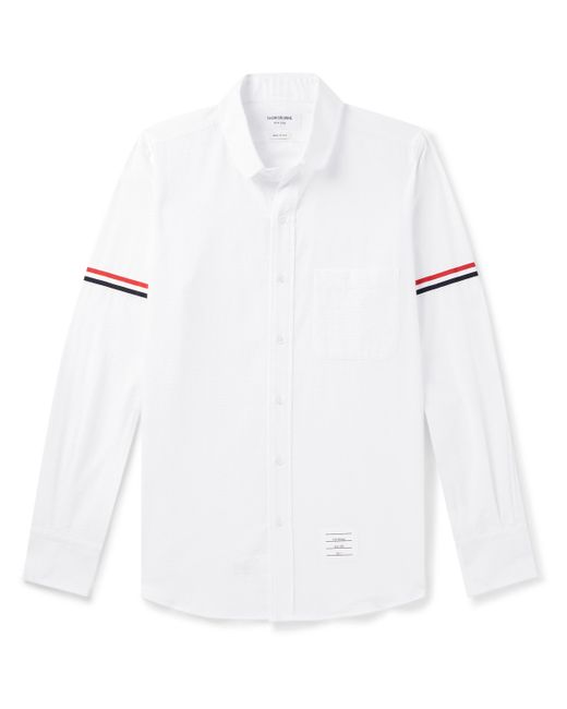 Thom Browne Penny-Collar Striped Grosgrain-Trimmed Cotton-Seersucker Shirt