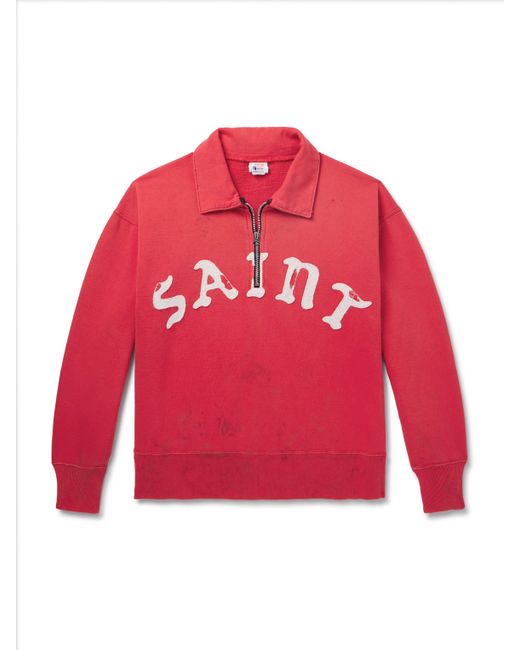 Saint Mxxxxxx Distressed Logo-Appliquéd Cotton-Jersey Half-Zip Sweatshirt