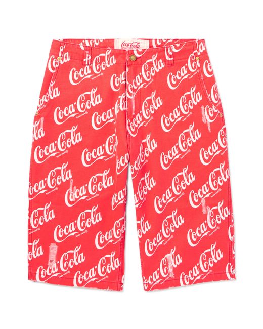 Erl Coca-Cola Straight-Leg Distressed Printed Cotton-Canvas Shorts