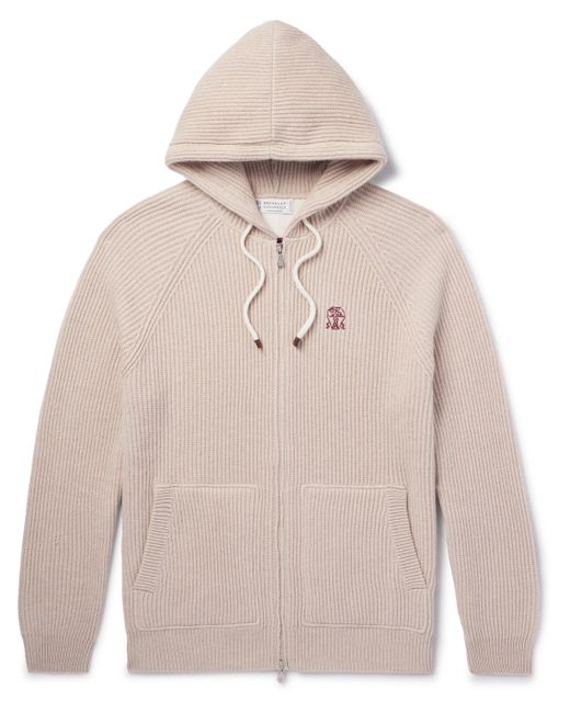 Brunello Cucinelli Logo-Embroidered Ribbed Cashmere Zip-Up Hoodie