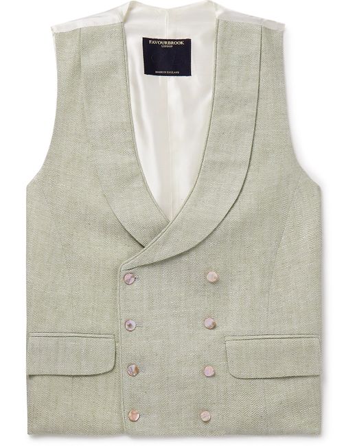 Favourbrook Shawl-Collar Double-Breasted Herringbone Linen and Silk-Blend Satin Waistcoat UK/US 36