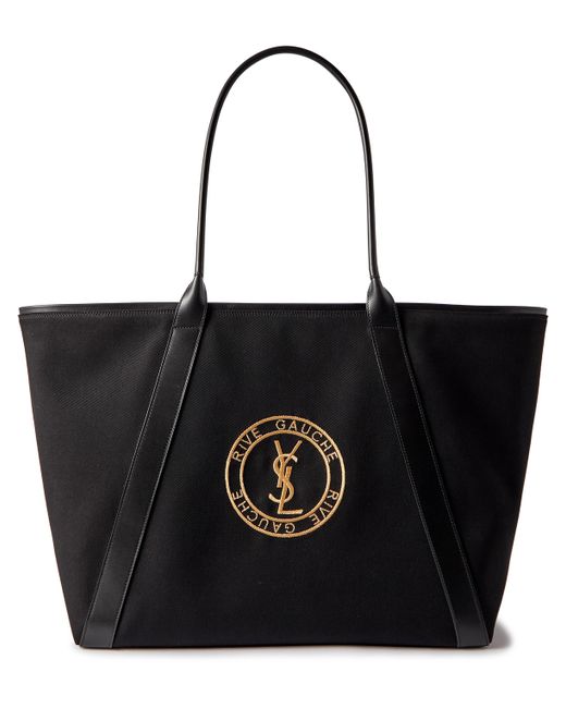 Saint Laurent Leather-Trimmed Logo-Embroidered Cotton-Gabardine Tote Bag