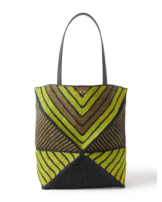 Loewe Paulas Ibiza Puzzle Fold Large Leather-Trimmed Striped Raffia Tote Bag