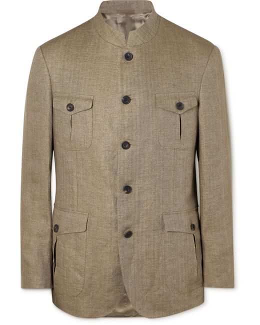 Kingsman Argylle Nehru-Collar Herringbone Linen Jacket