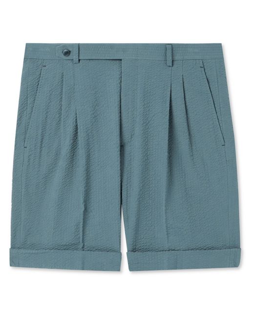 Brioni Straight-Leg Pleated Cotton-Seersucker Shorts