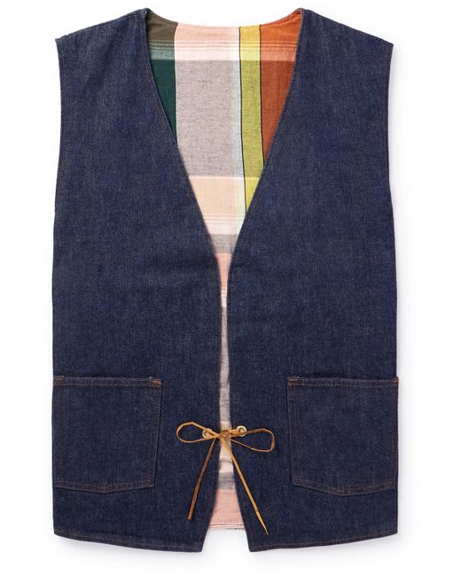 OrSlow Hippies Reversible Denim and Checked Cotton Linen-Blend Gilet