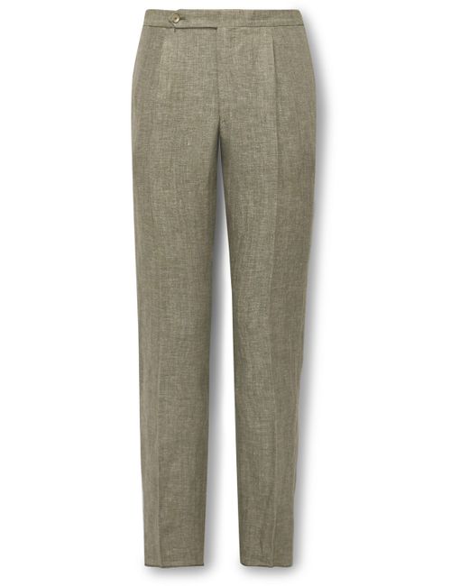 De Petrillo Straight-Leg Pleated Herringbone Linen Suit Trousers