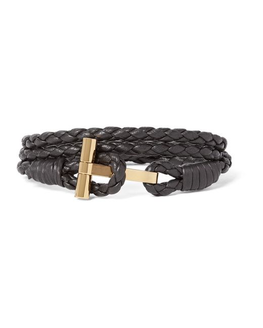 Tom Ford Woven Leather and Plated Wrap Bracelet Dark