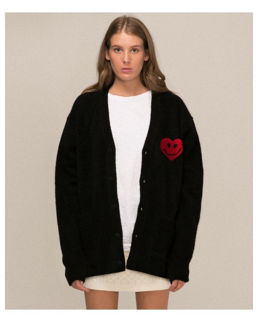 graver Boucle Embroidered Heart Smile Knit Cardiganblack