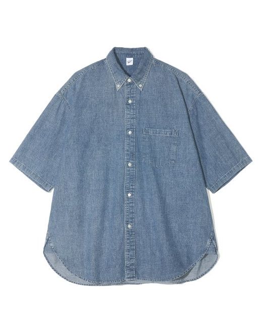 partimento Stone Washed Denim A-Line Oversized Half Sleeve Shirt Blue