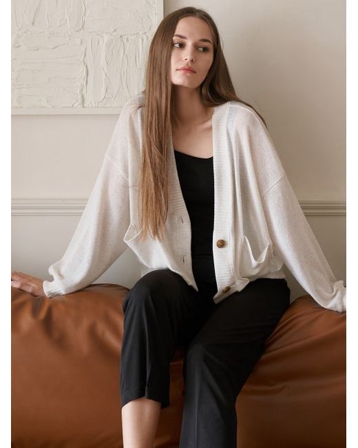 avantg Linen Overfit Basic Knit Cardigan Ivory