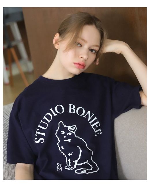 boniee Cat Symbol Graphic Loose T-Shirt Navy