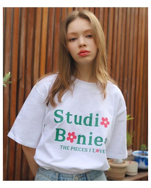 boniee Flower Typo Logo Graphic Loose T-Shirt