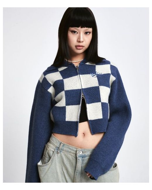 wondervisitor Wool Checkerboard Knit Zip-up