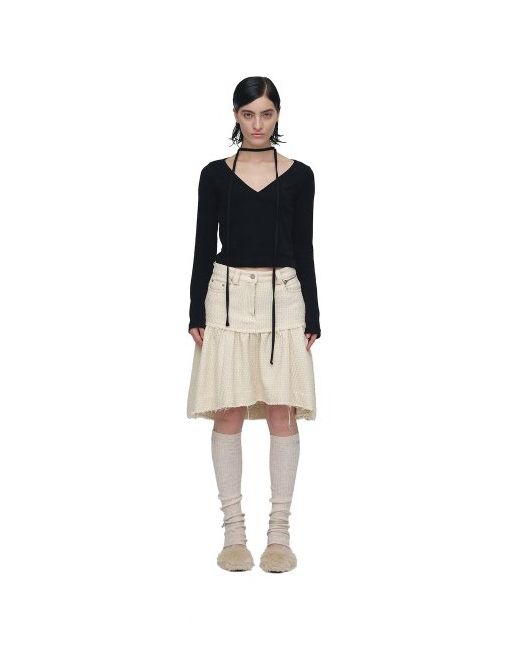 cerric Unbalance Tweed Shirring Skirt Ivory
