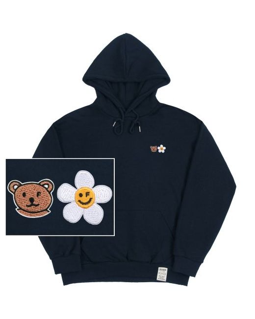 graver Small Flower Bear Face Embroidered Smile HoodieNavy