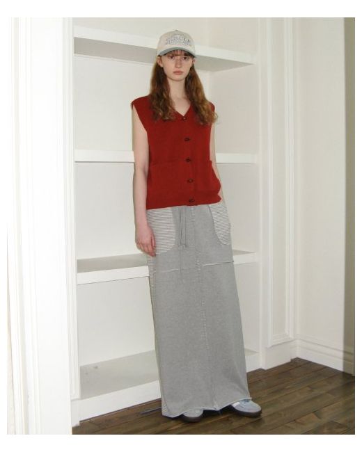 sinoon Cut-Off Stripe Maxi Long Skirt Grey