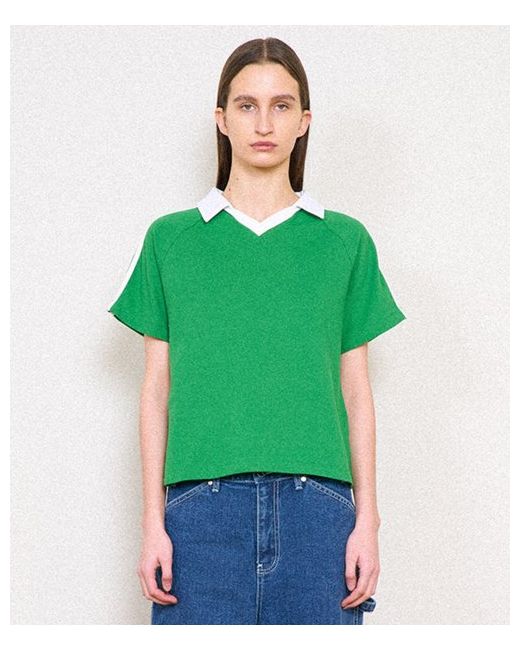 partimentowomen V-neck stripe pique short sleeve T-Shirtgreen