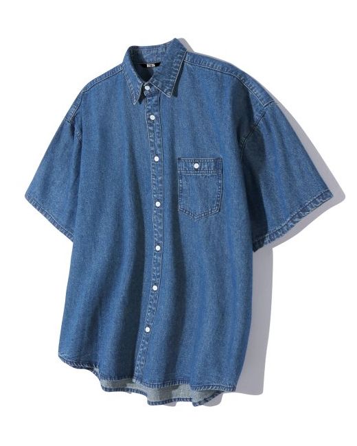 Trillion Stone Washing Overfit Denim Short Sleeve ShirtMIDDLE BLUE