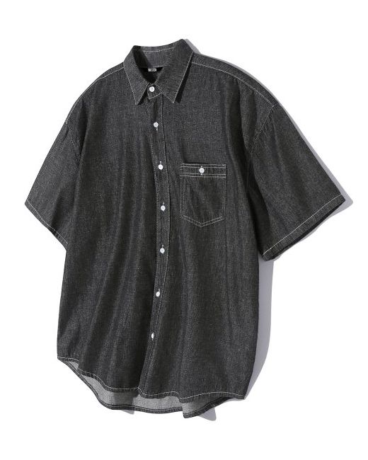 Trillion Stone Washing Overfit Denim Short Sleeve Shirt DEEP