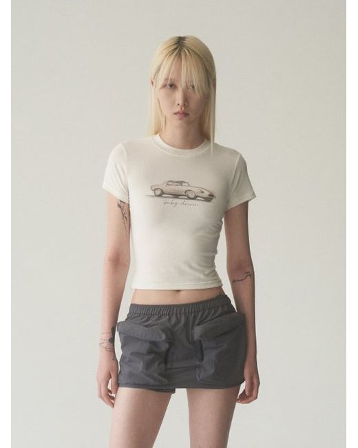 ryuyoung Classic Car Drawing Crop Top Ivory