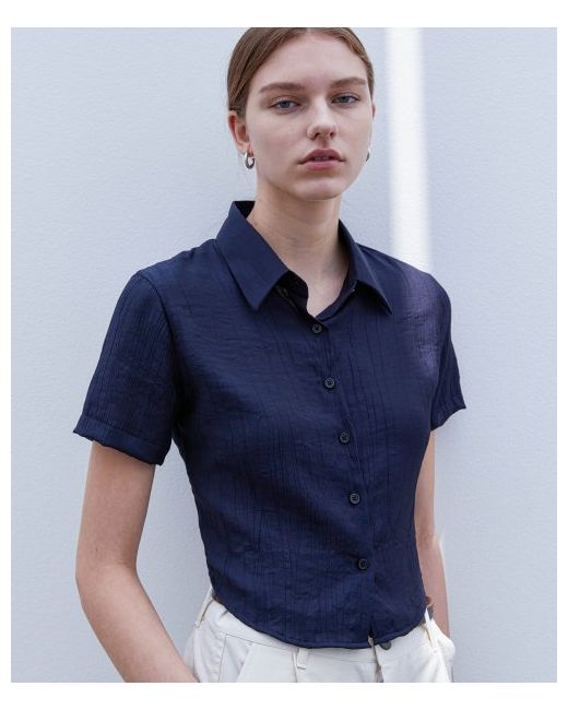 triplesens Cropped Summer Pleated Shirt Navy