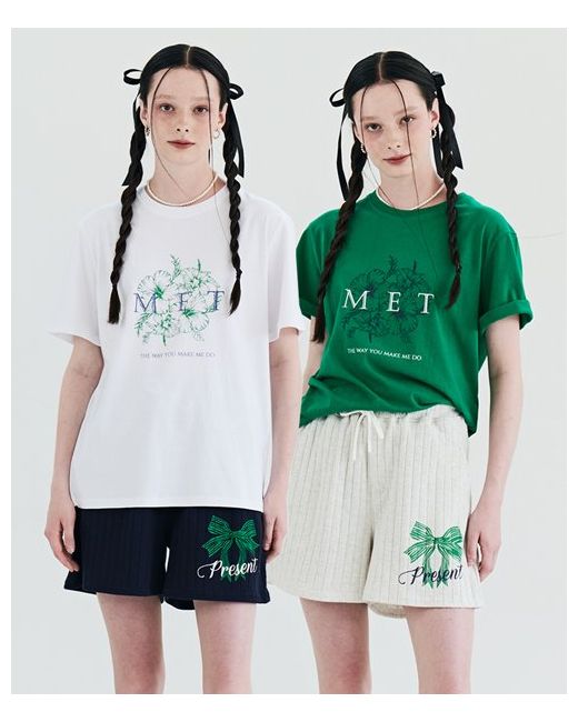 metapher Two-tone Flower Short Sleeve Tee Ribbon Shorts Set