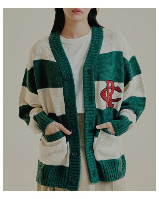 romanticcrown Athletic logo striped knit cardigangreen