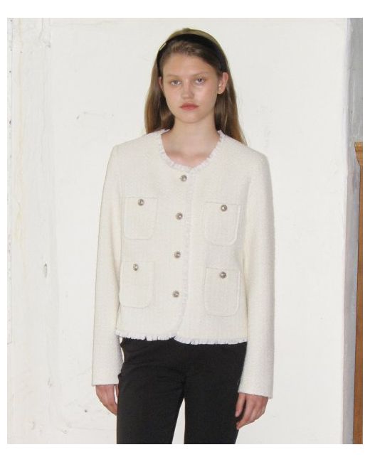 sinoon Fringe Cropped Tweed Jacket Ivory