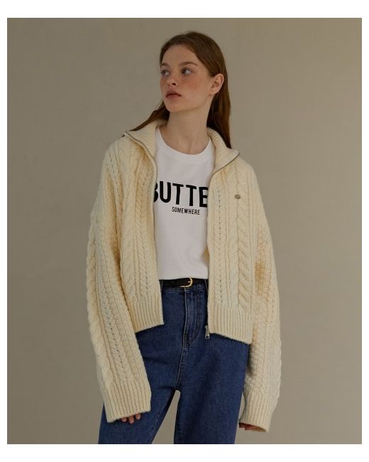 somewherebutter cable knit full zip-up ivory