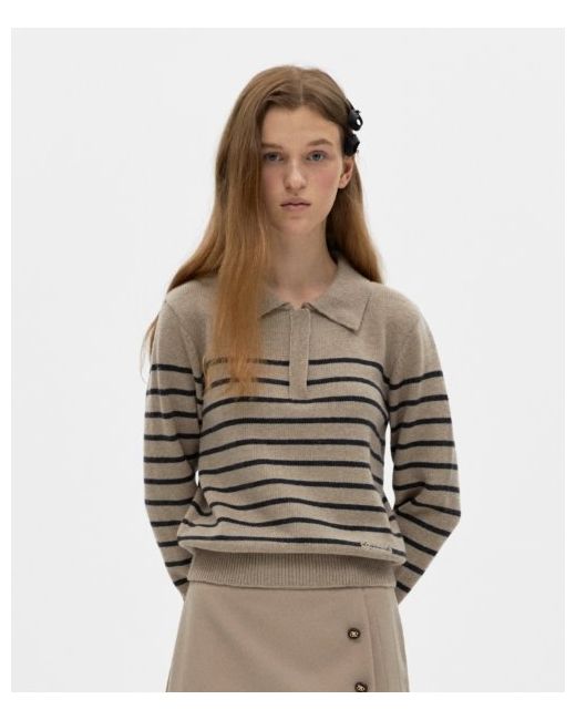 depound Striped collar pullover knit oatmeal