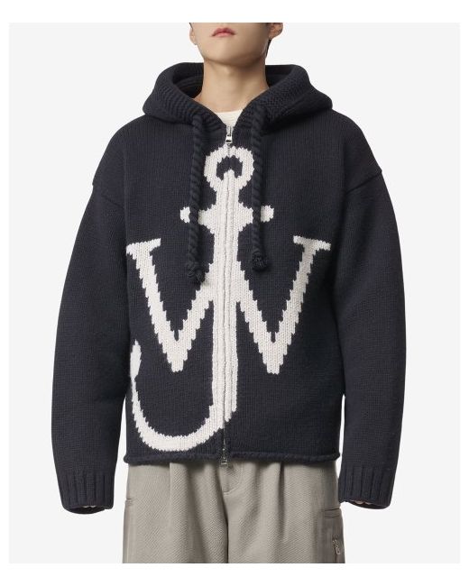 jwanderson JW initial anchor logo intarsia knit zip-up hoodie Navy KW1015YN0170888