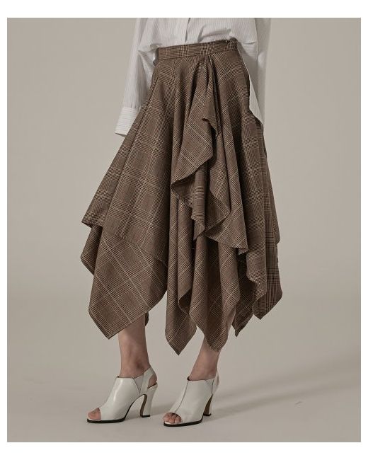 modernable Unbalanced Long Flare Check Skirt