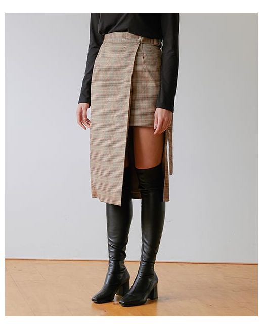 modernable Unbalanced Check Wrap Long Skirt