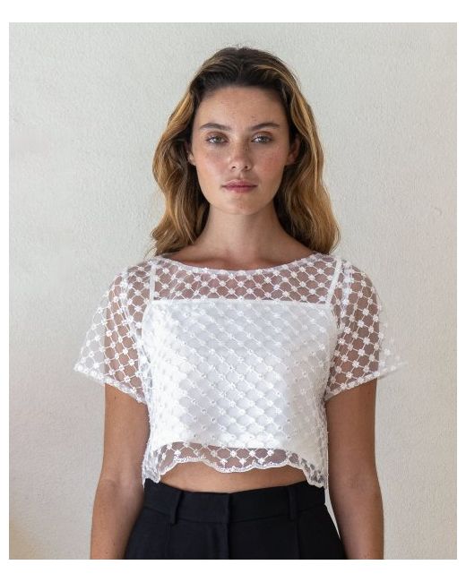 leauet Victoria Bead-embellished Tulle Crop Top