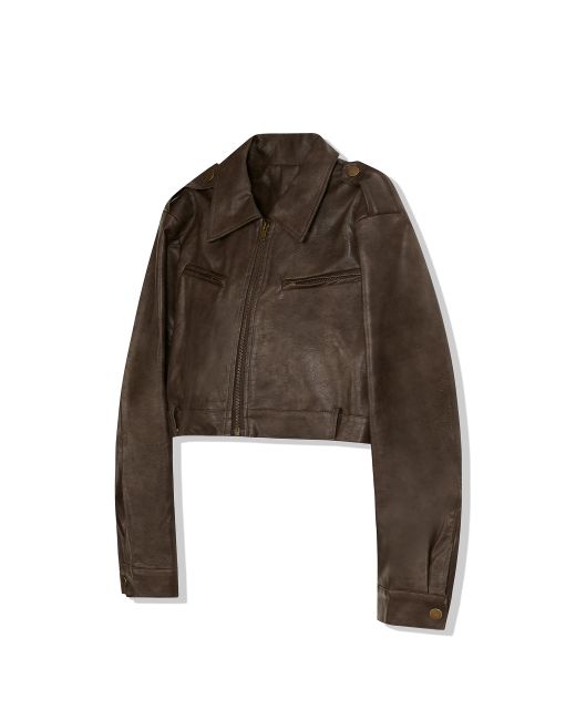 vivabrown 85-VIVA046 Vegan leather Vintage shape cropped biker jacket dark