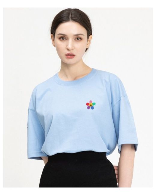 graver Rainbow Flower Embroidery Short Sleeve T-shirtSky