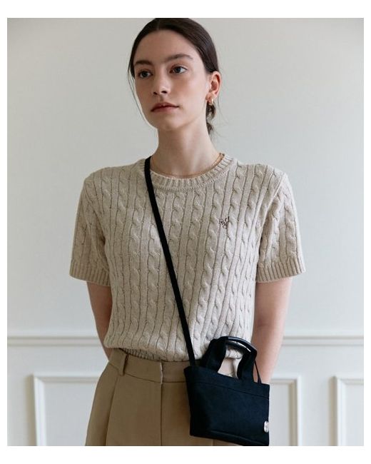 depound half sleeve cable knitwear oatmeal
