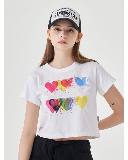 oursaysour Multi-heart cropped short-sleeved T-shirt white